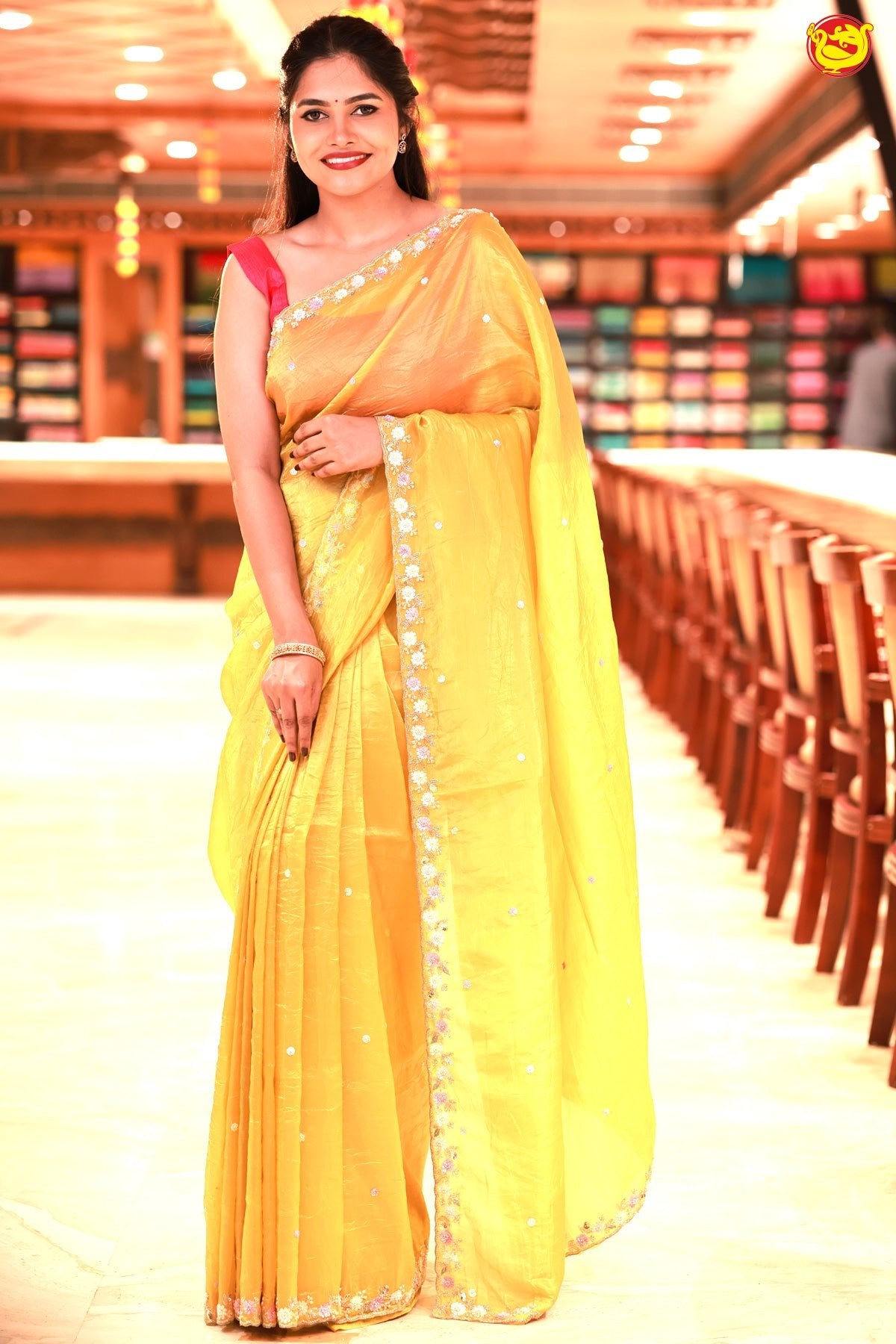 Mustard Yellow Shimmer Saree In Sequins With Beads And Stones On The Pallu Border - Thenianantham