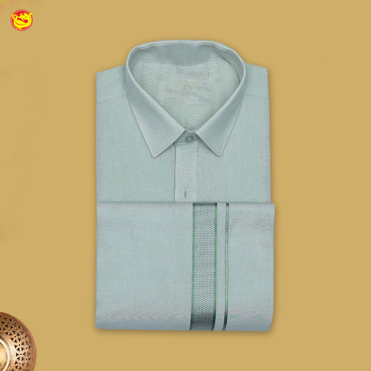 Ice Green Readymade Shirt And Matching Border Dhoti Set for Men