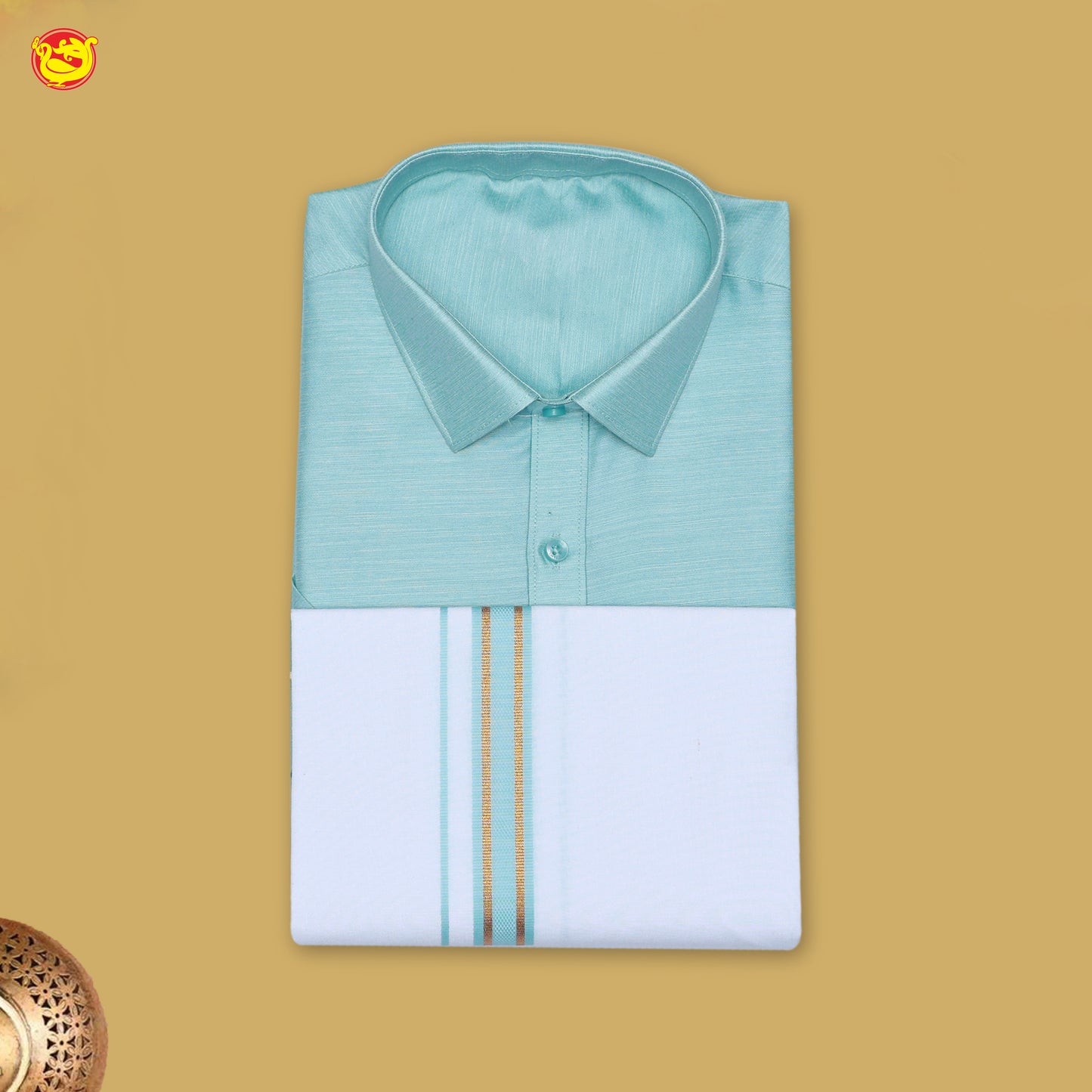 Blue With White Readymade Shirt And Matching Border Dhoti Set for Men