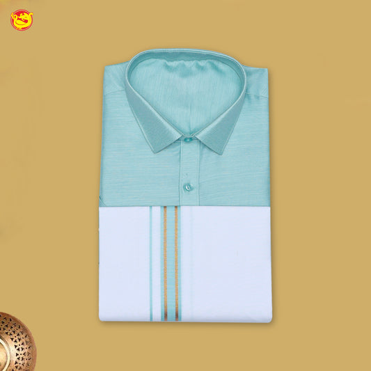 Blue With White Readymade Shirt And Matching Border Dhoti Set for Men