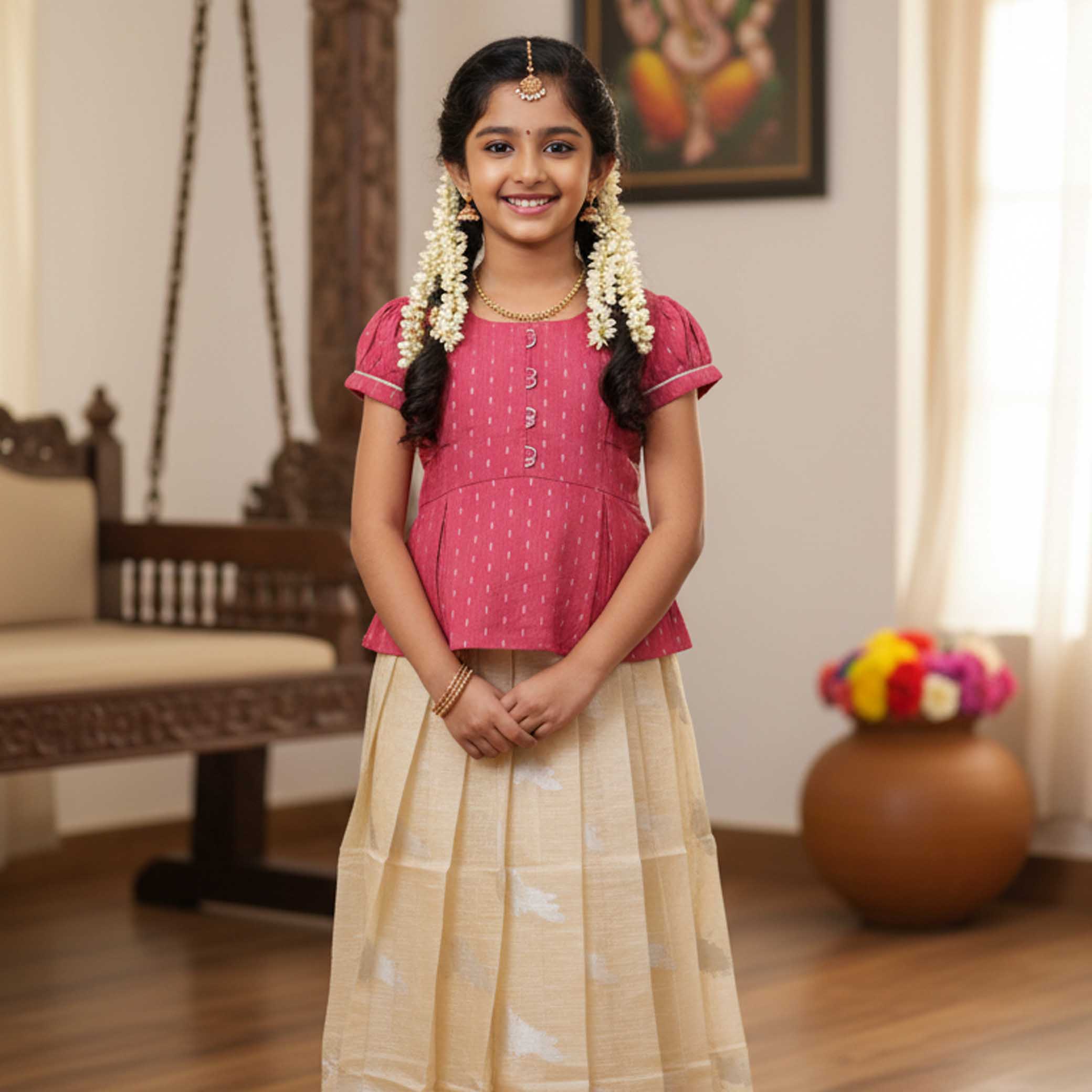 Pink With Sandal Girls Branded Readymade Pattu Pavadai