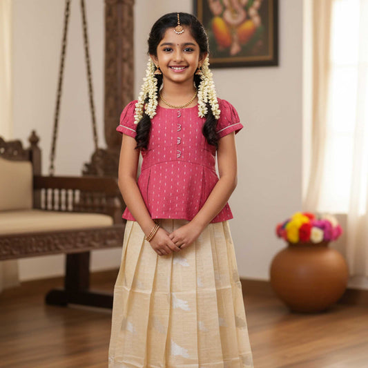 Pink With Sandal Girls Branded Readymade Pattu Pavadai
