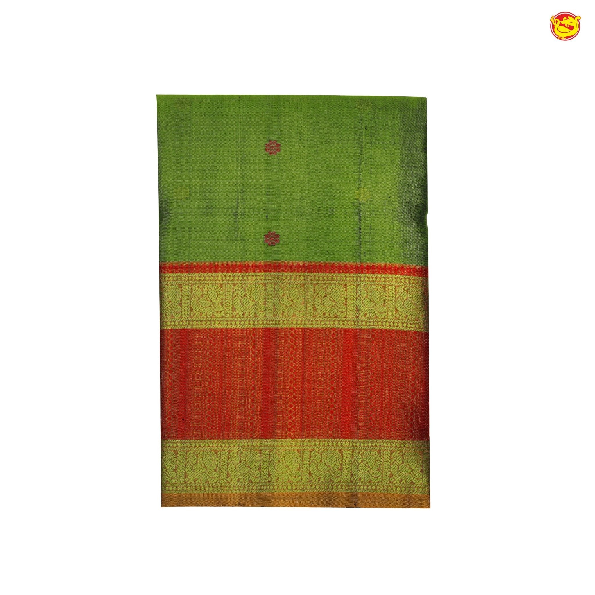 Light Green and Light Red With Floral Buttas Peacock Border Kanchipuram Soft Silk Saree