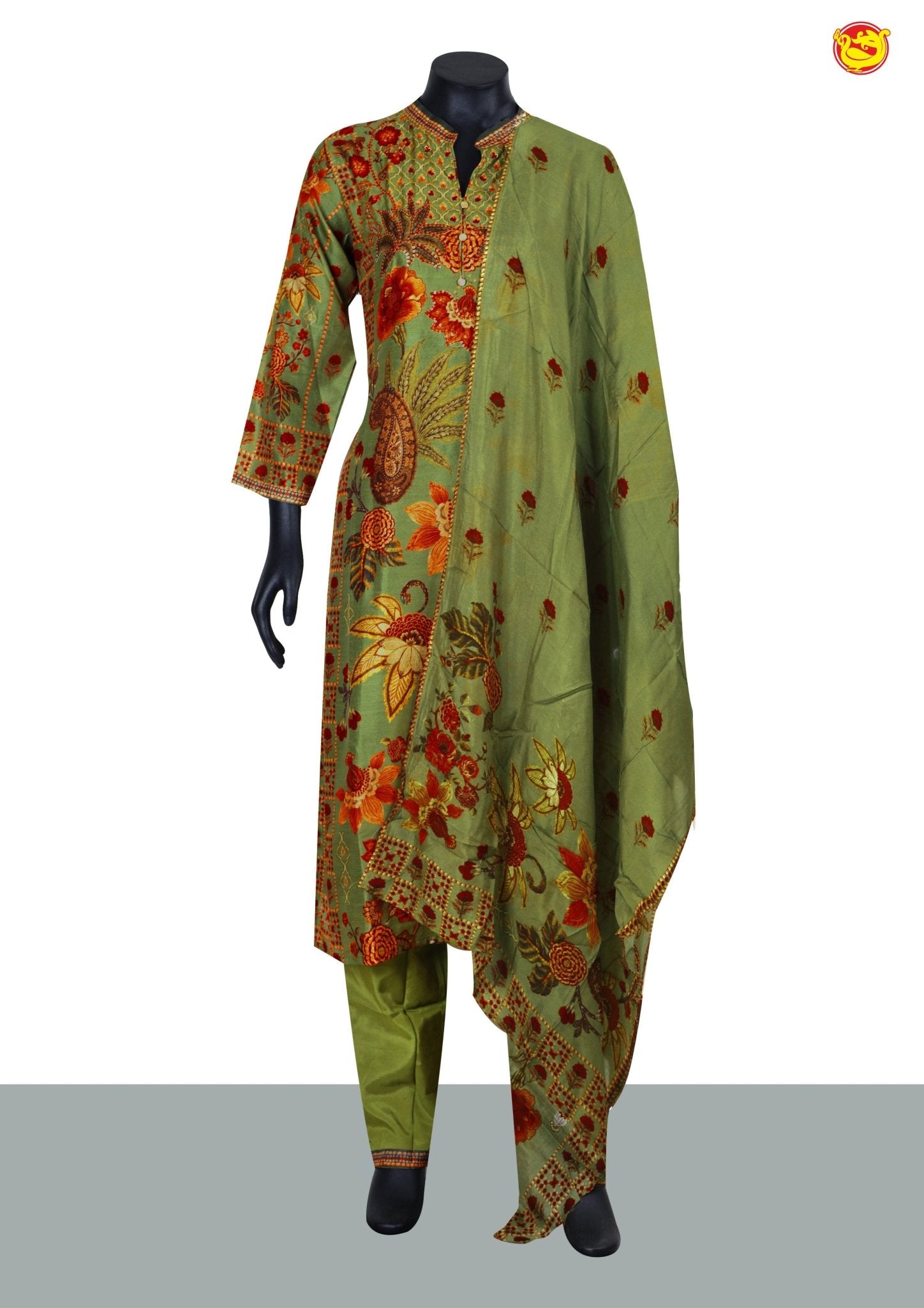 Dark Olive Green With Red Floral Digital Print and Handwork Design and Collar Neck Ladies Branded Readymade Straight Cut Chudi Set