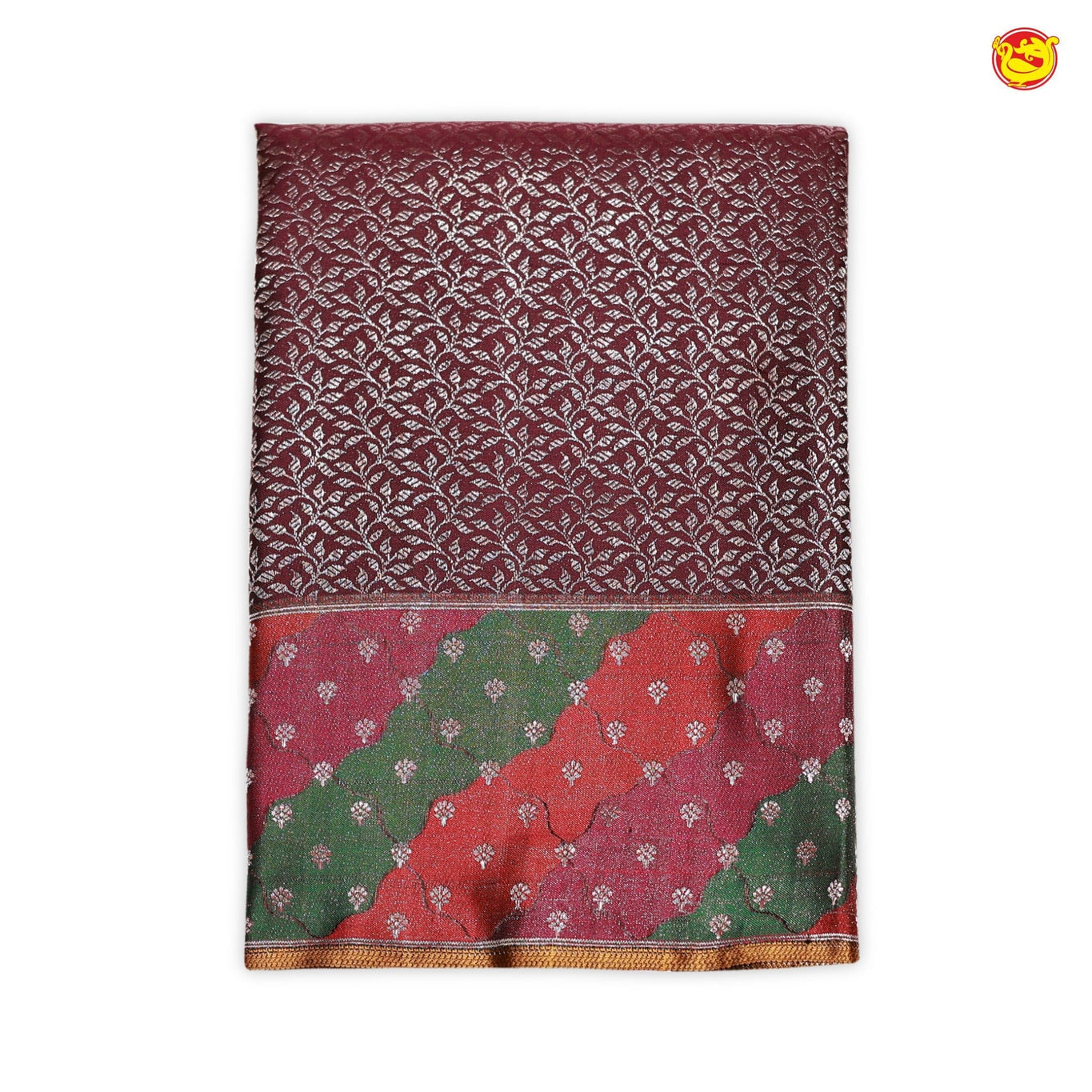 Wine Floral Silver Zari Colorful Waves with Buttas Border Soft Silk Saree