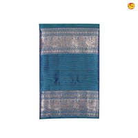 Peacock Blue With Stripes Motifs Gold Zari Peacock and Stripes Long Border Pure Kanjivaram Wedding Silk Saree - Thenianantham