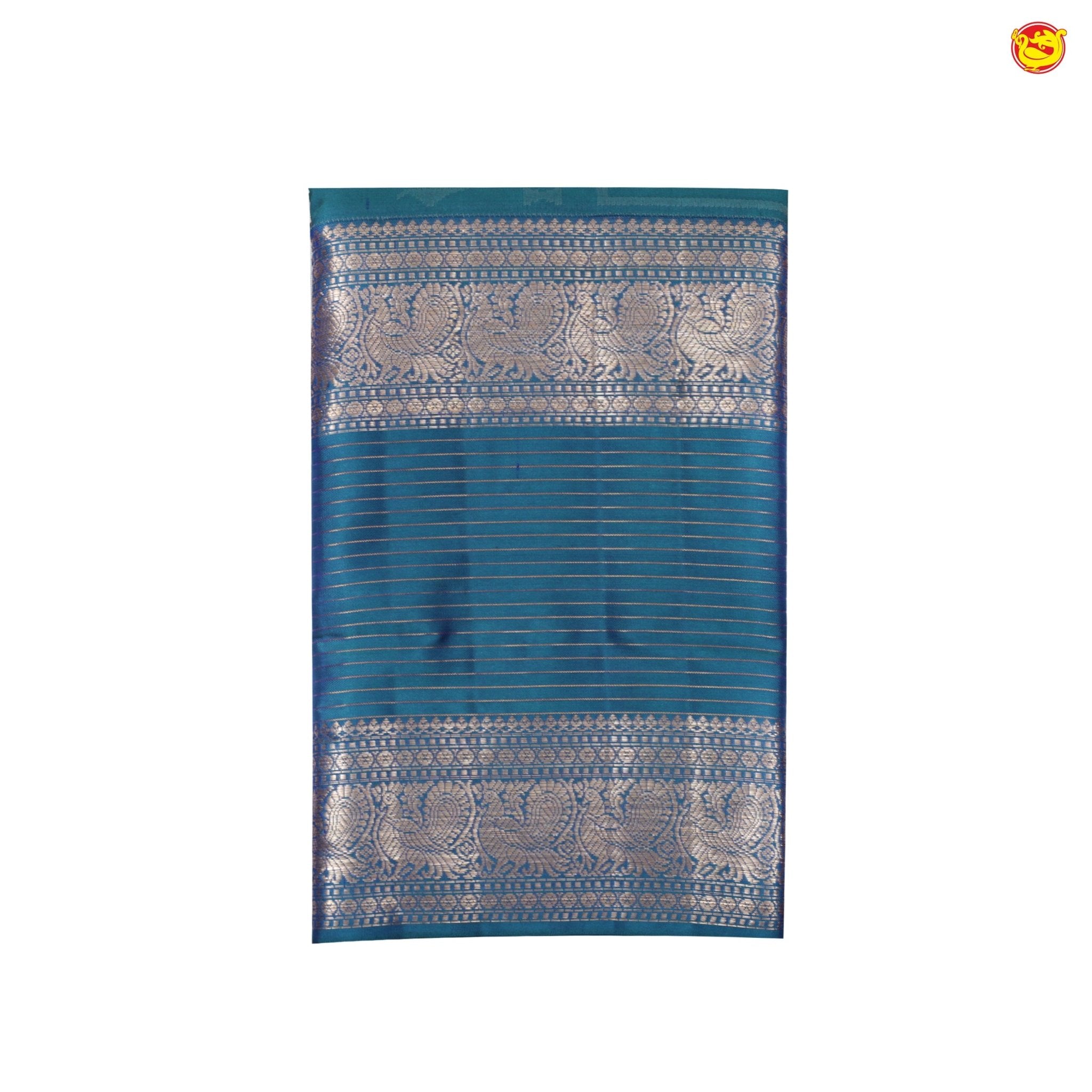 Peacock Blue With Stripes Motifs Gold Zari Peacock and Stripes Long Border Pure Kanjivaram Wedding Silk Saree