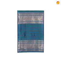 Peacock Blue With Stripes Motifs Gold Zari Peacock and Stripes Long Border Pure Kanjivaram Wedding Silk Saree