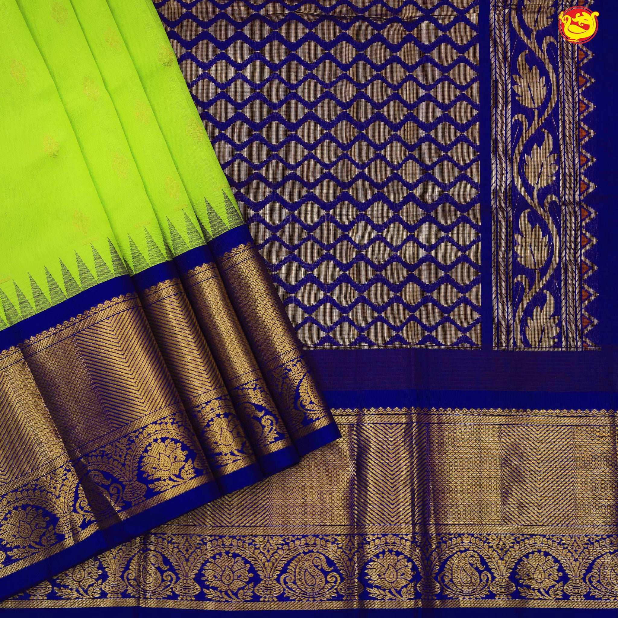 Pears Green and Blue With Gold Zari Floral Buttas Pure Silk Cotton Saree