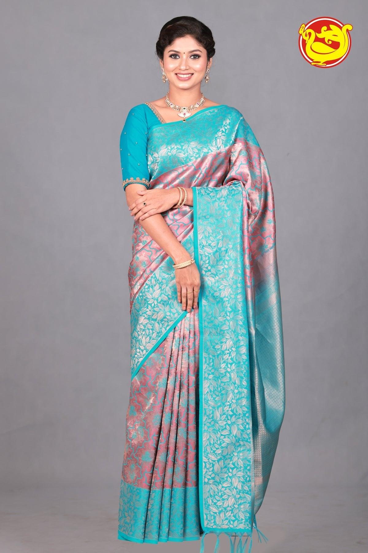 Dark Onion Pink Wedding Silk Saree With Peacock Blue Pallu