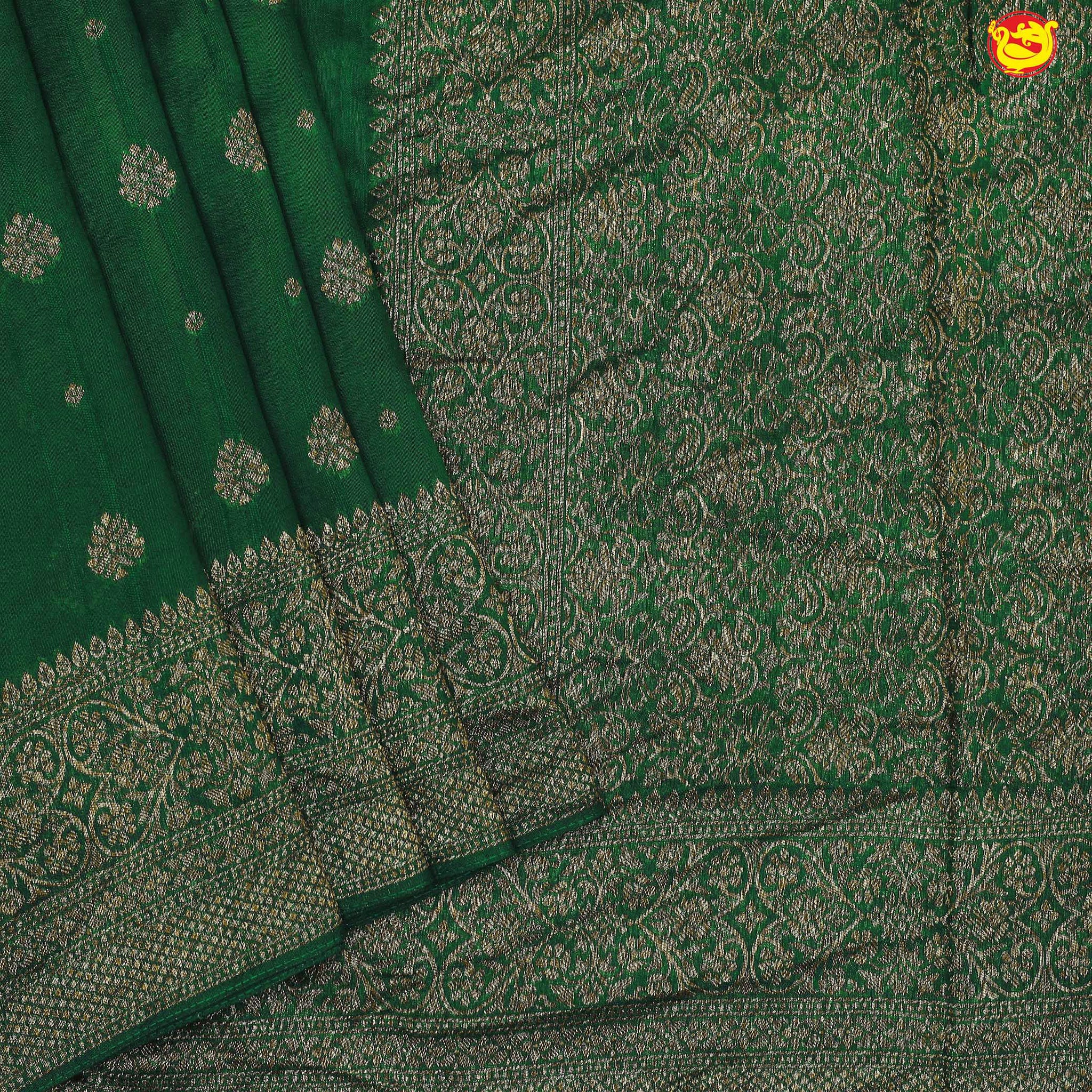 Dark Green With Floral Motifs Copper Zari Khadi Banarasi Tussar Silk Saree