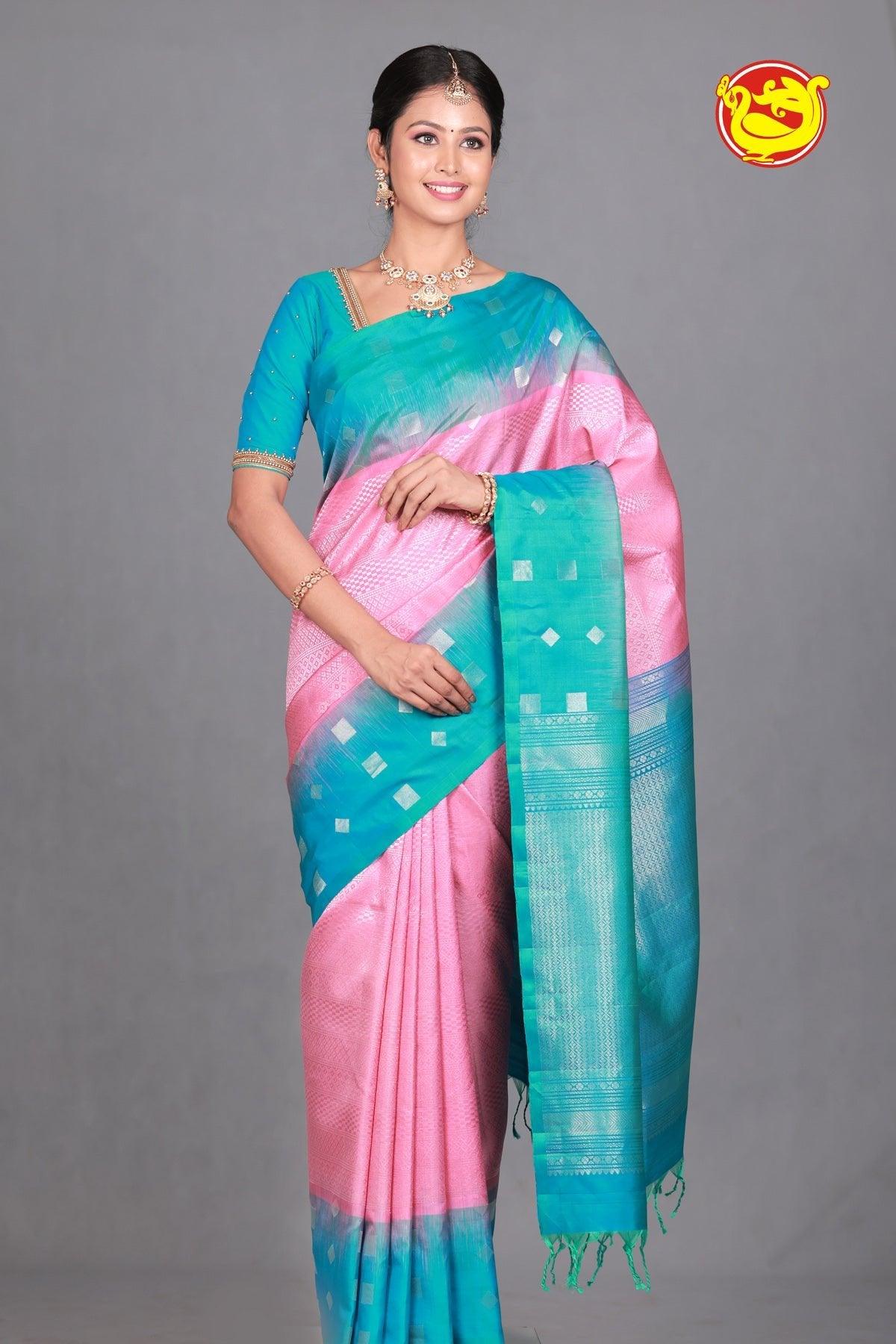 Pink With Sky Blue Diamond Buttas Motifs Silver Zari Pure Kanjivaram Soft Silk Saree