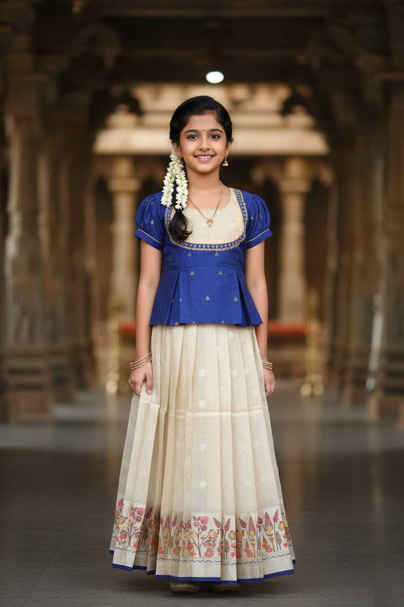 Blue With Half White Girls Branded Readymade Pattu Pavadai