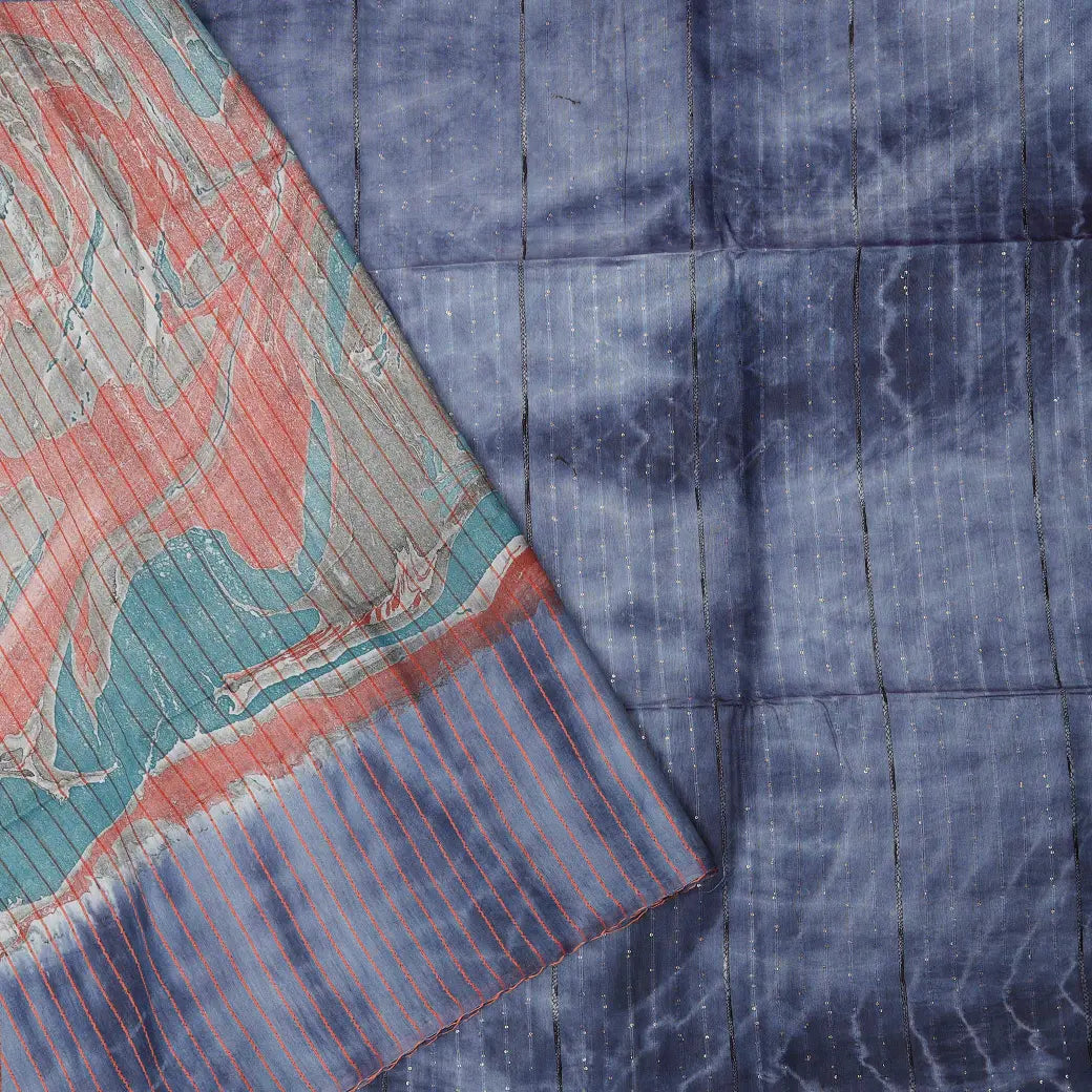 Blue-Gray Art Bamboo Cotton Saree