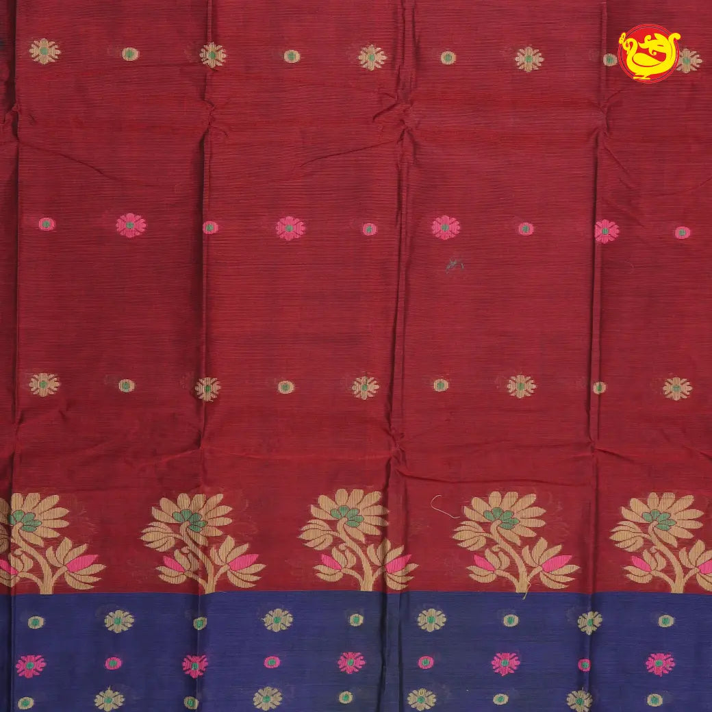 Brownish-Red With Blue Pure Bengal Cotton Saree without Blouse