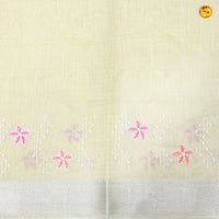 Lemon Yellow Floral Embroidery Work Silver Zari Border Tissue Fancy Saree - Thenianantham