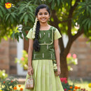 Olive Green and Pastel Green Girls Branded Readymade Pattu Pavadai Set