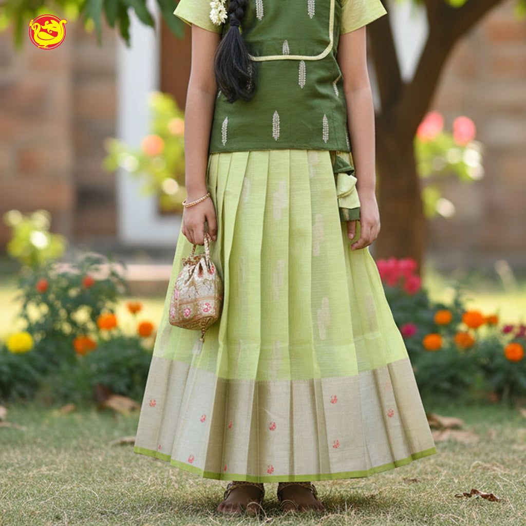 Olive Green and Pastel Green Girls Branded Readymade Pattu Pavadai Set