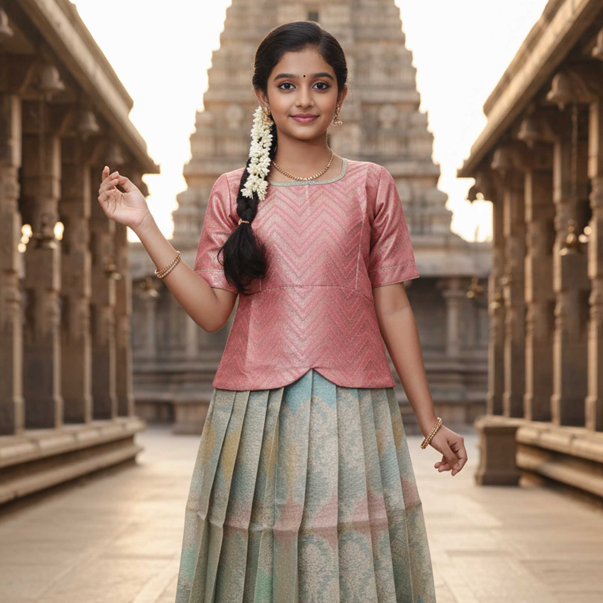 Blush Pink With  Light Green Girls Branded Readymade Pattu Pavadai