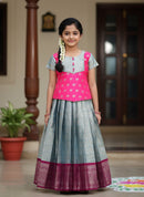 Hot Pink With Silver Grey Girls Branded Readymade Pattu Pavadai