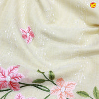 Lemon Yellow Floral Embroidery Work Silver Zari Border Tissue Fancy Saree - Thenianantham