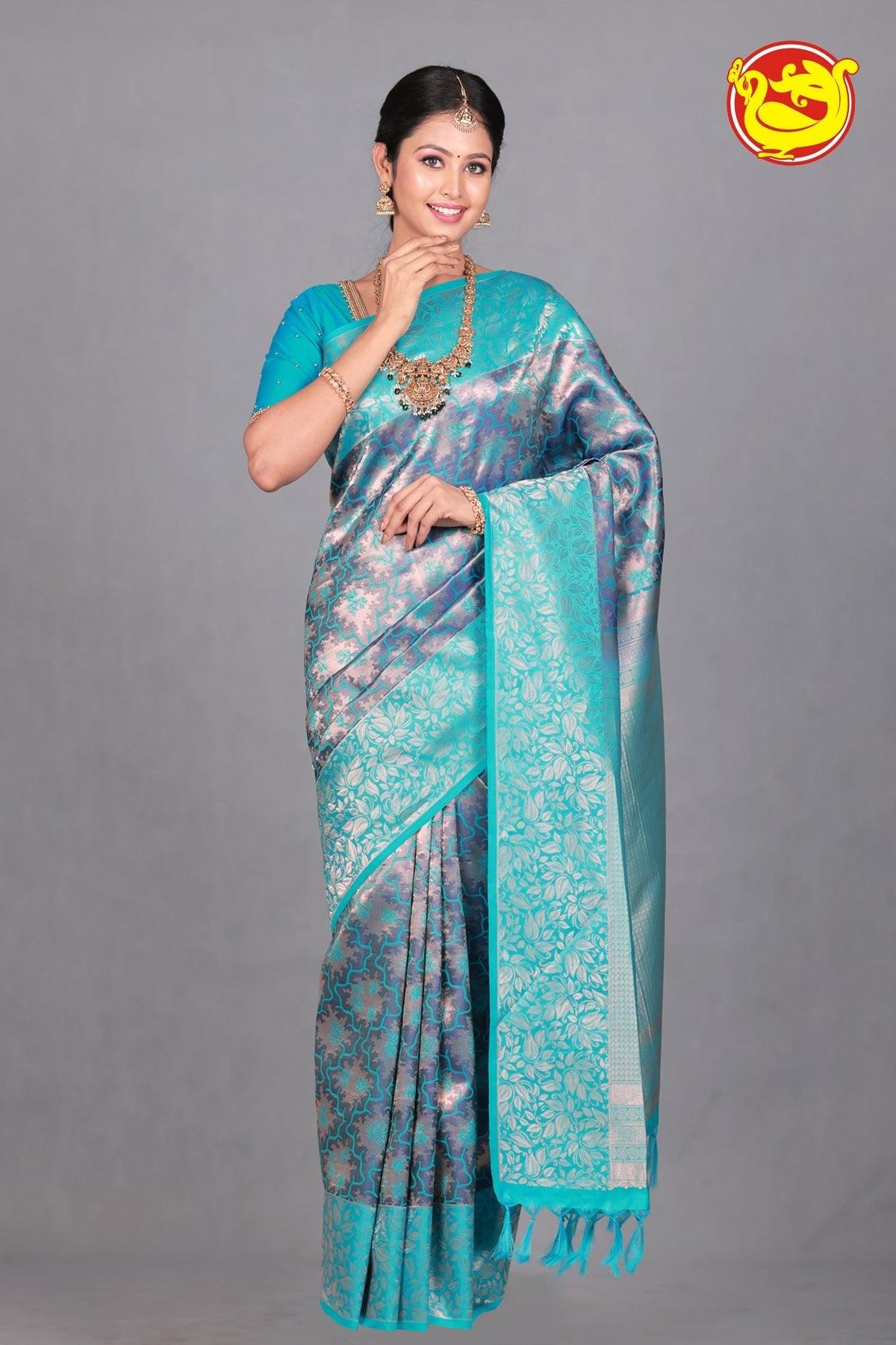 Blue Wedding Silk Saree With Light Blue Pallu