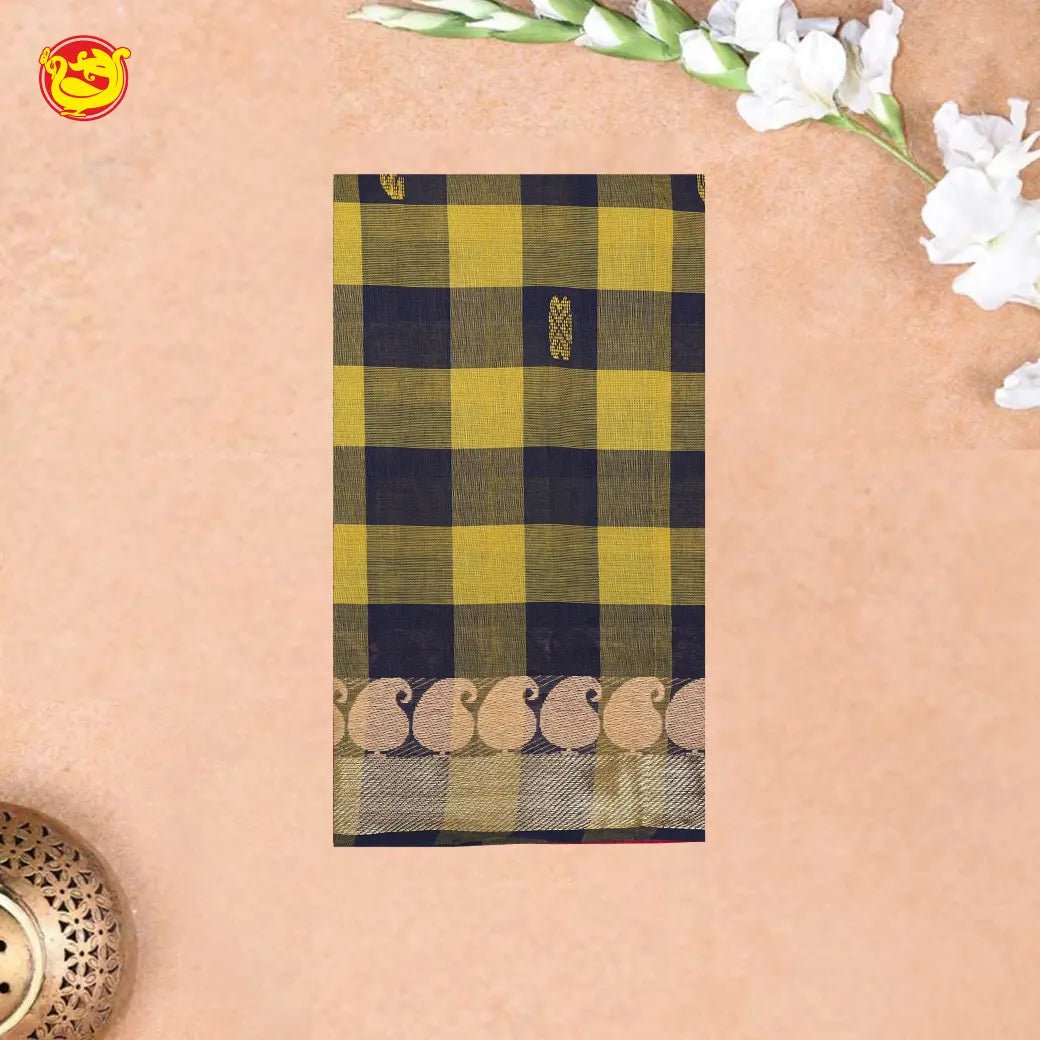 Yellow & Navy Blue Checked Pure Chettinad Cotton Saree  without Blouse