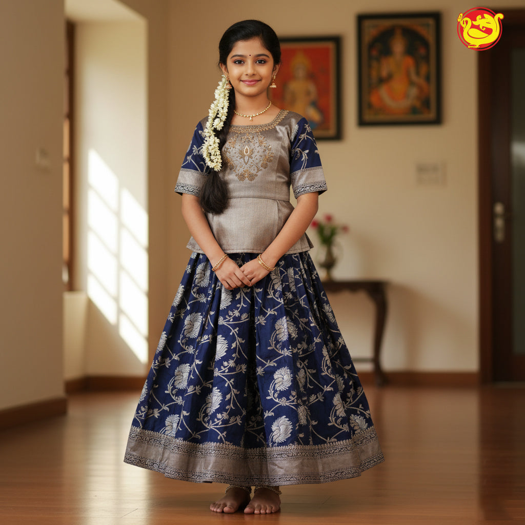 Royal Blue Floral Girls Branded Readymade Pattu Pavadai