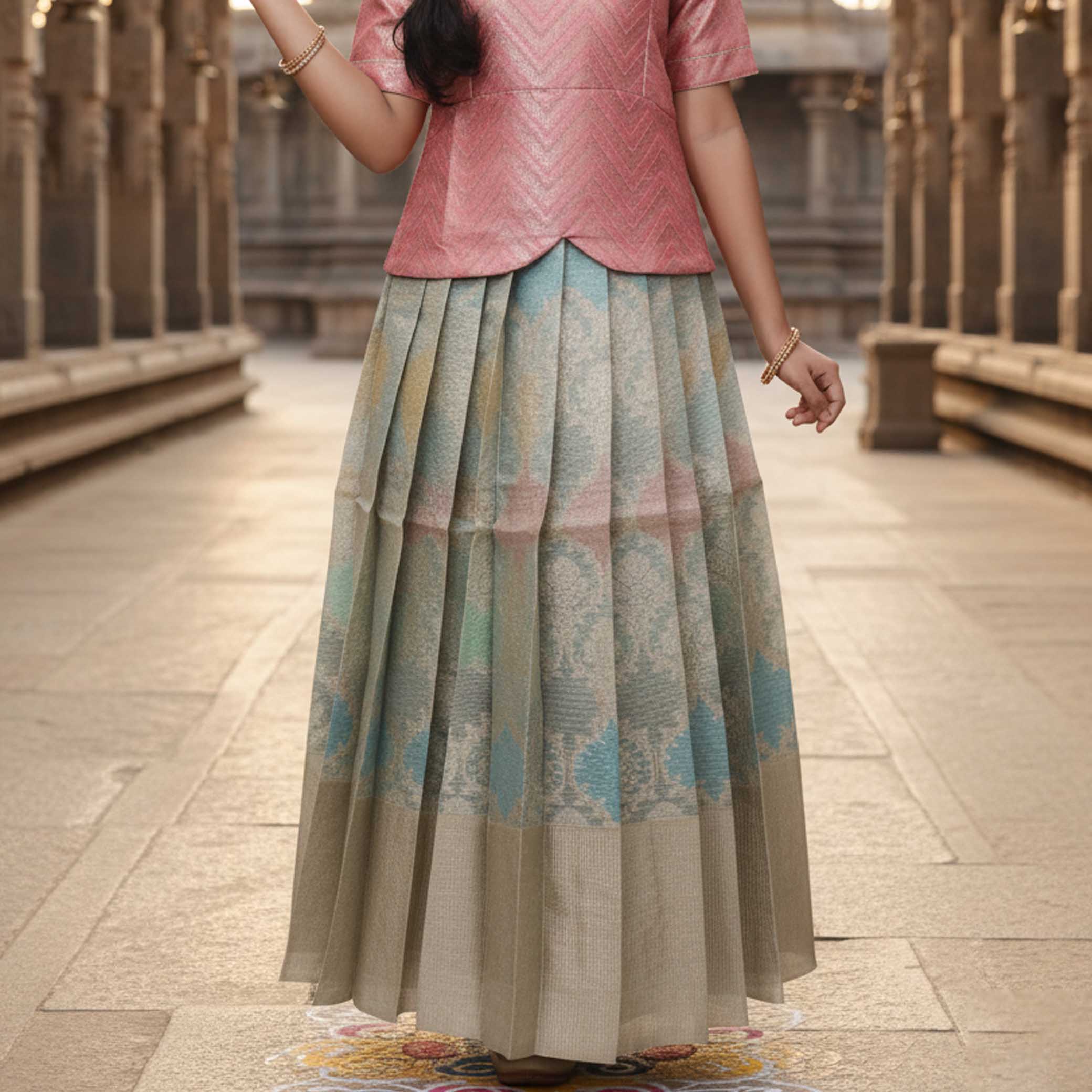 Blush Pink With  Light Green Girls Branded Readymade Pattu Pavadai