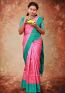 Rani Pink With  Sea Green Silver Zari Border Yuvana Semi Soft Silk Saree
