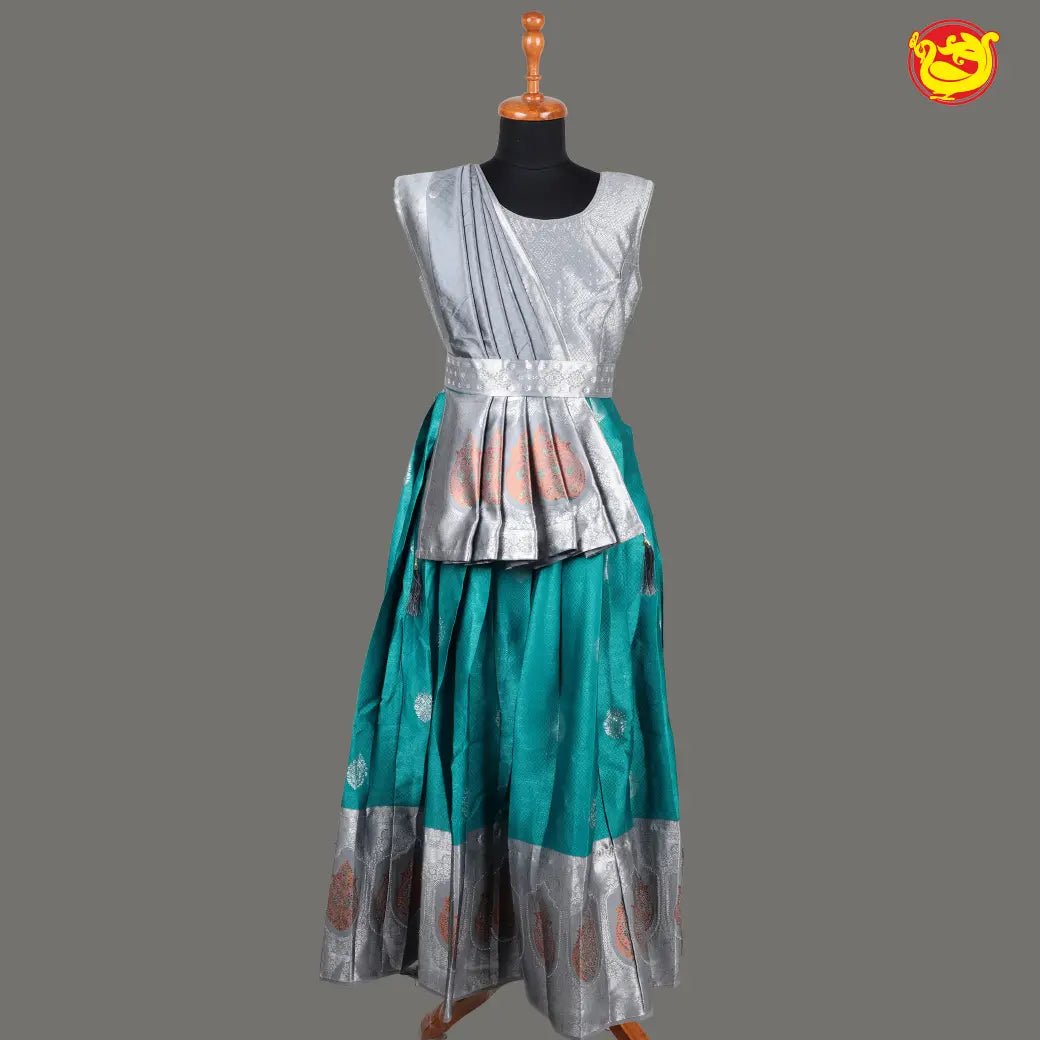 Silver with Green Girls & Women Branded Readymade Pattu Gown