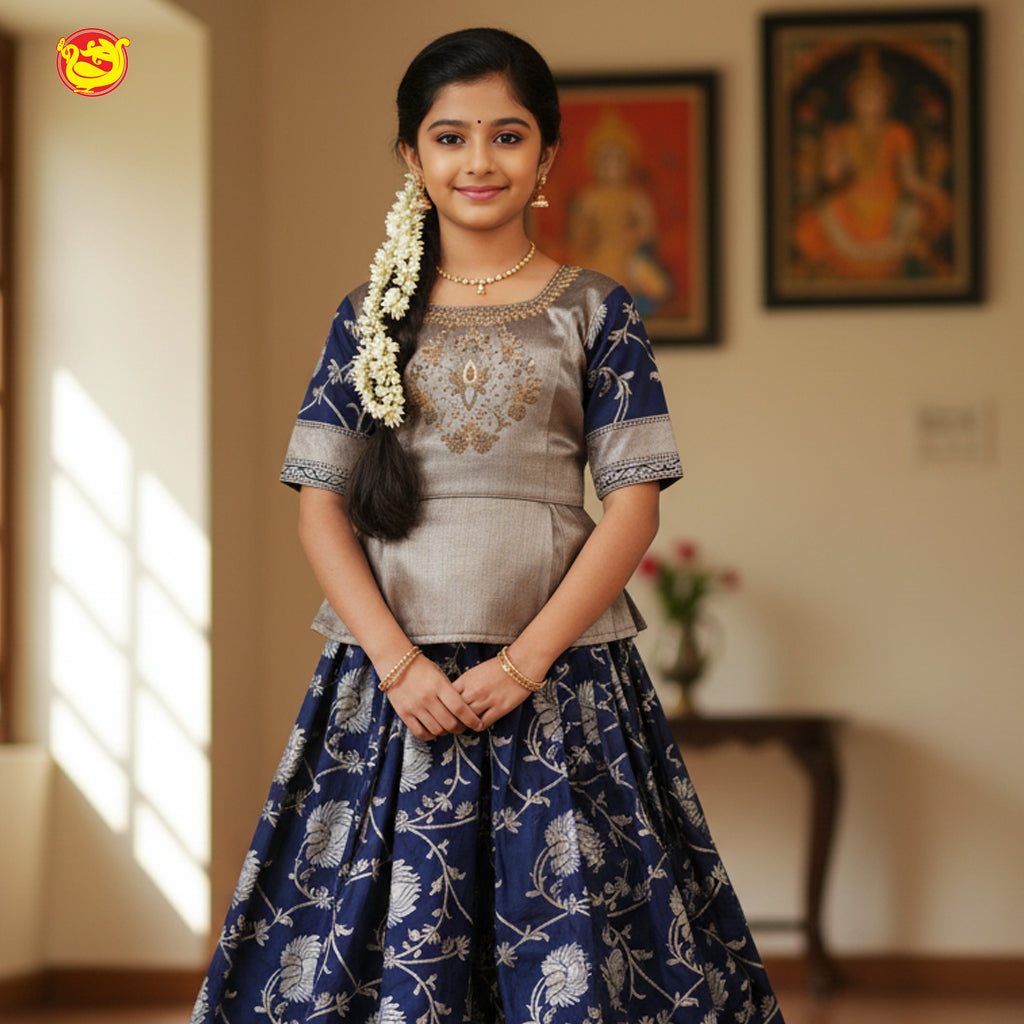 Royal Blue Floral Girls Branded Readymade Pattu Pavadai