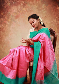 Rani Pink With  Sea Green Silver Zari Border Yuvana Semi Soft Silk Saree