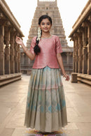 Blush Pink With  Light Green Girls Branded Readymade Pattu Pavadai