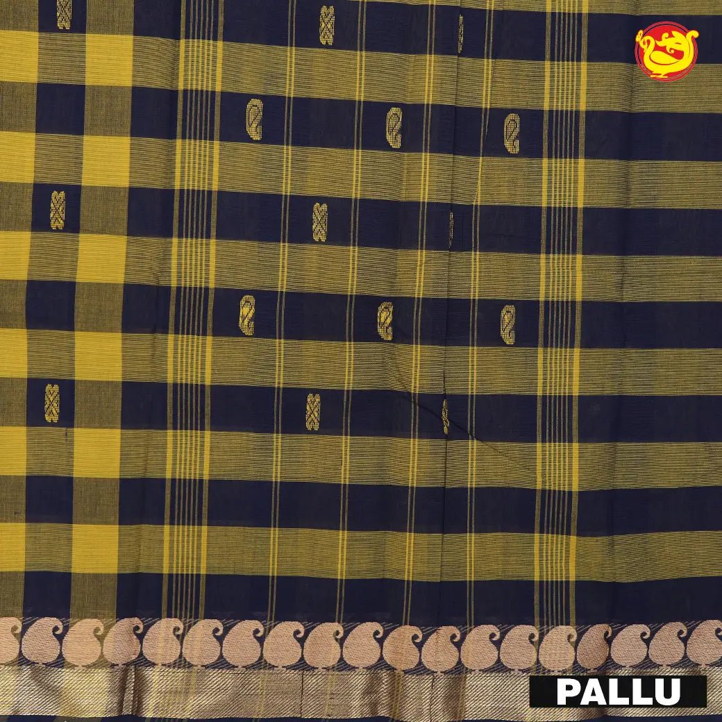 Yellow & Navy Blue Checked Pure Chettinad Cotton Saree without Blouse - Thenianantham