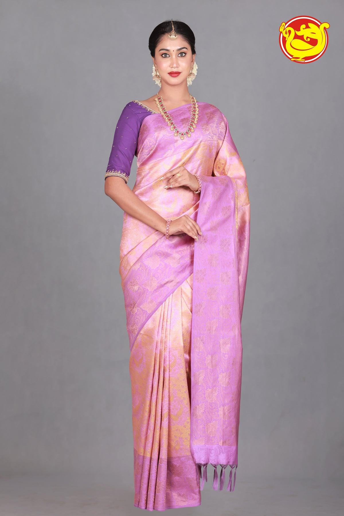 Gold Wedding Silk Saree With Lavender Pallu