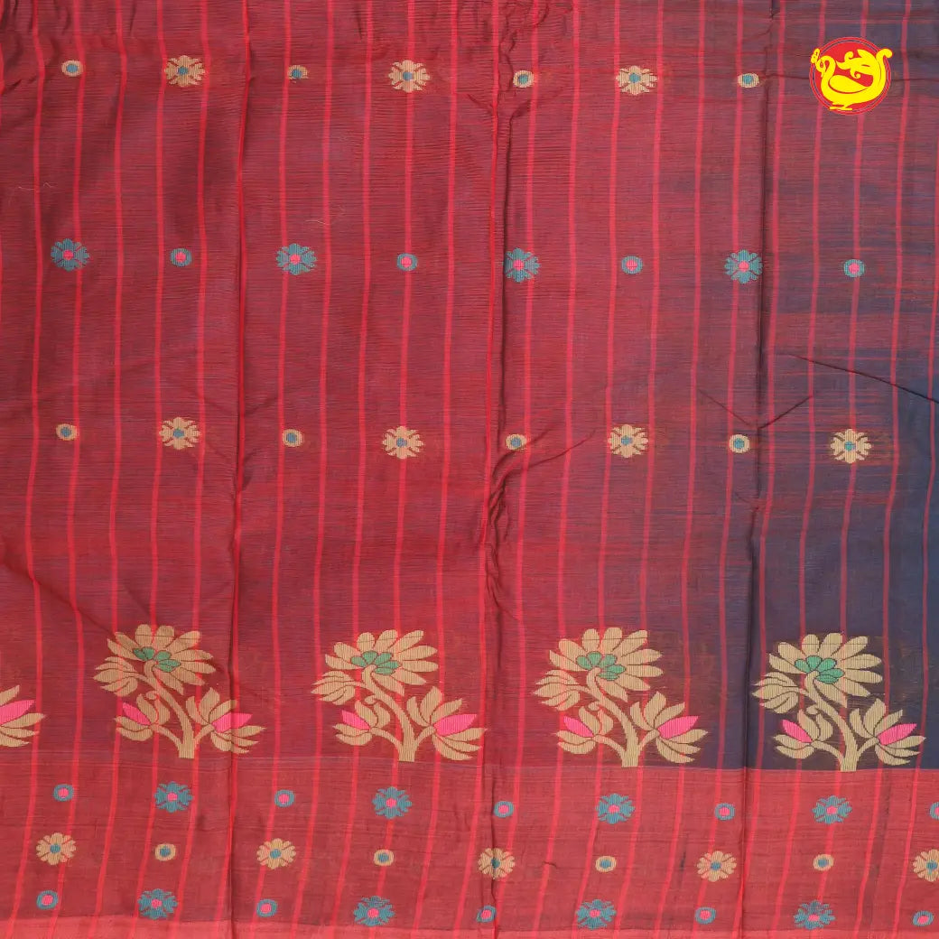 Sky Blue with Brownish-Red Pure Bengal Cotton Saree without Blouse