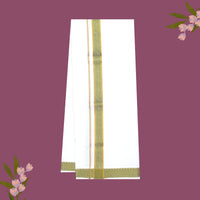 White with Green - The very thin stripes running alongside it appear to be gold Fancy Border Single Layer Cotton Men’s Dhoti