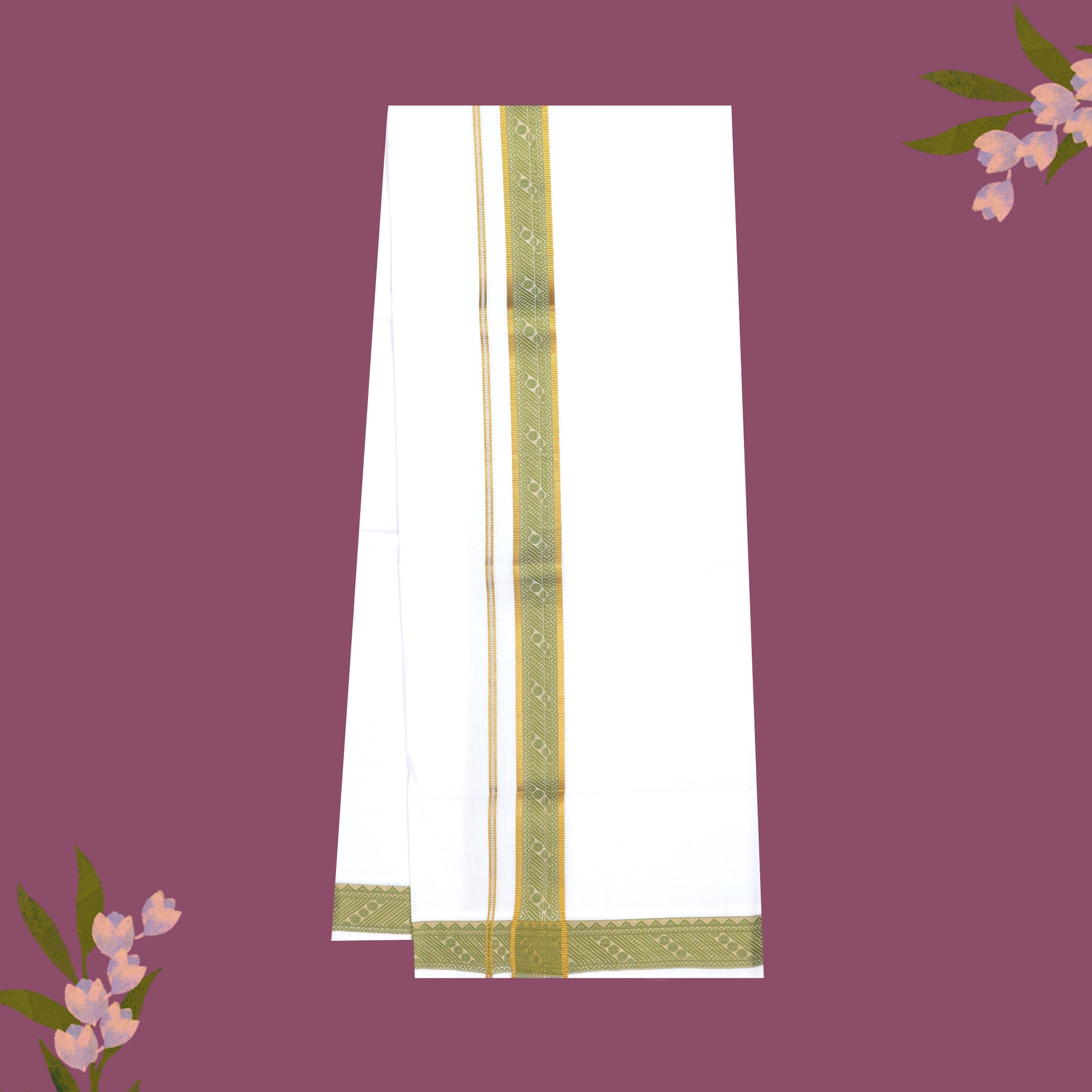 White with Green - The very thin stripes running alongside it appear to be gold Fancy Border Single Layer Cotton Men’s Dhoti