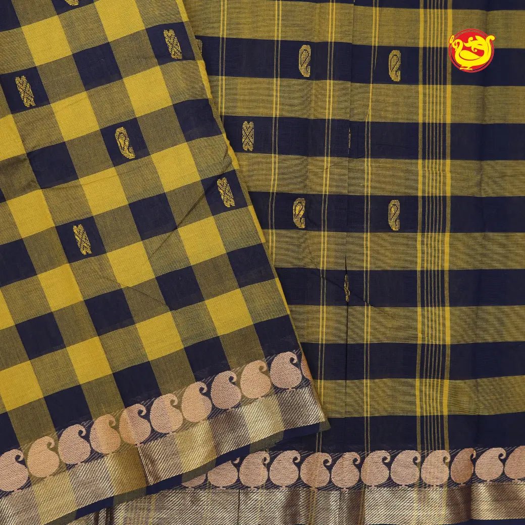 Yellow & Navy Blue Checked Pure Chettinad Cotton Saree  without Blouse