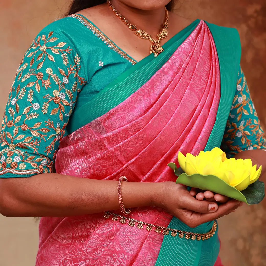 Rani Pink With  Sea Green Silver Zari Border Yuvana Semi Soft Silk Saree