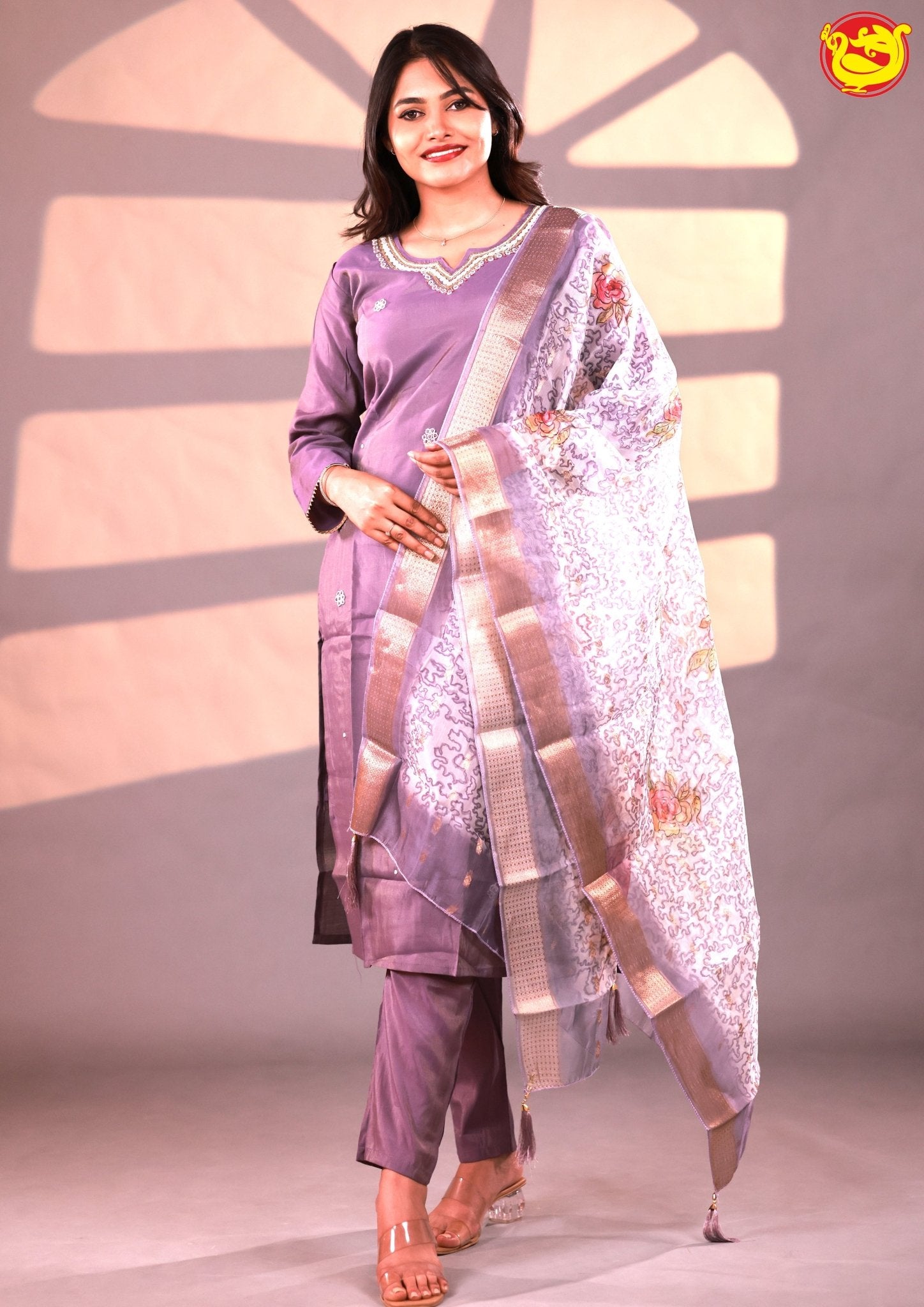 Purple with Floral Buttas Stones and Beads work Ladies Branded Readymade Tissue Straight Cut Chudi Set