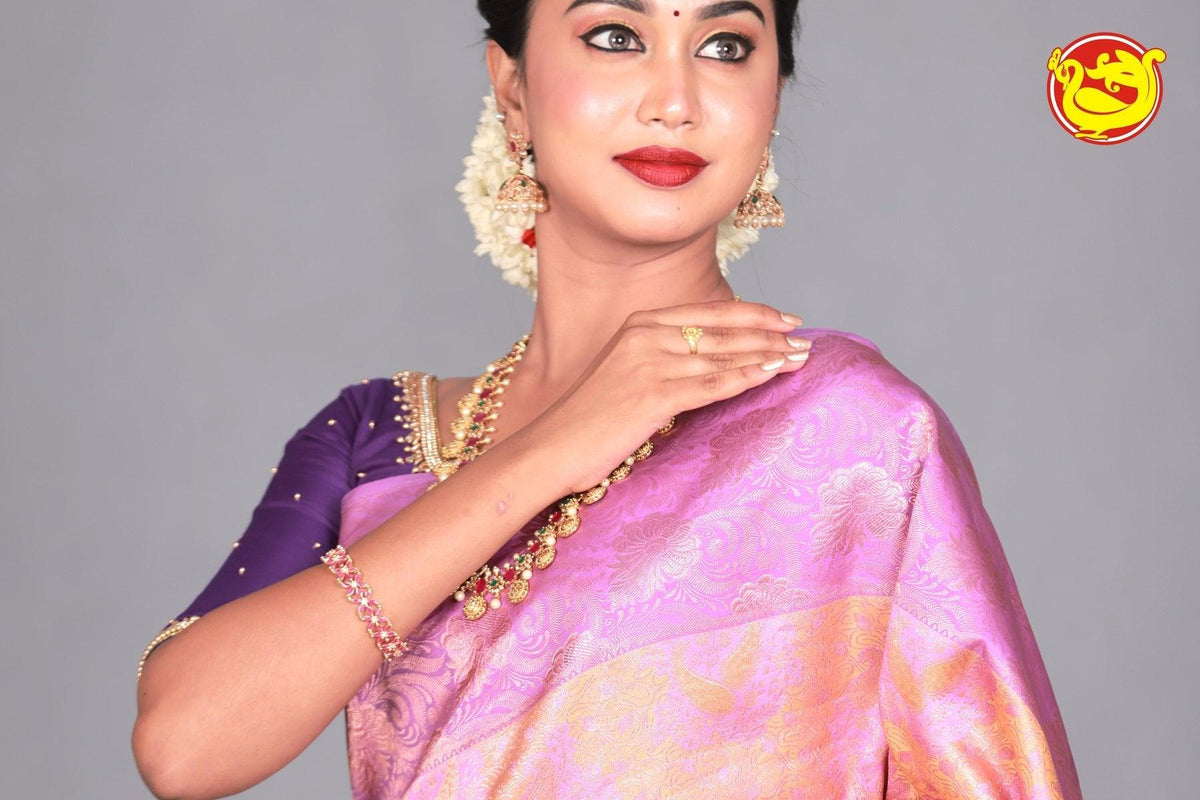 Gold Wedding Silk Saree With Lavender Pallu