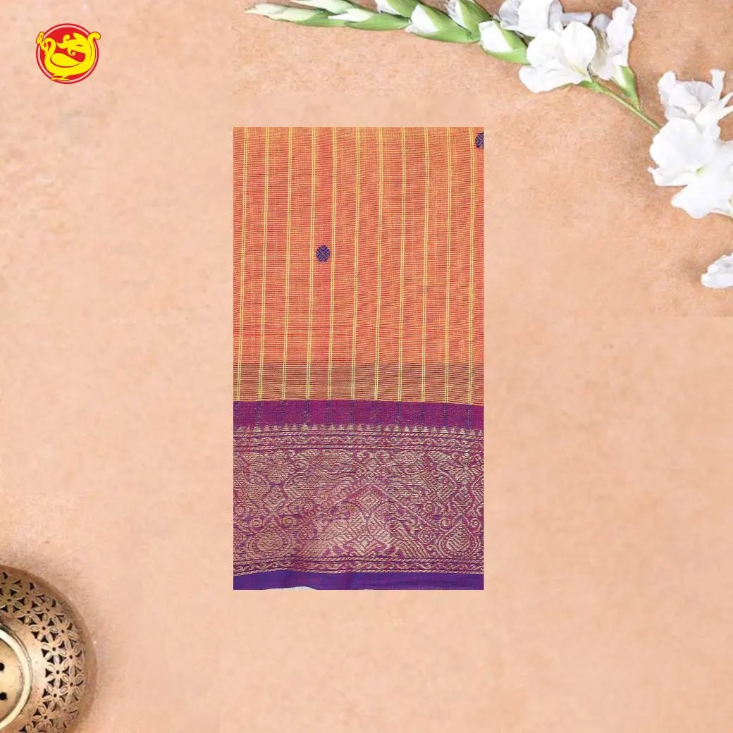 Light Orange with Purple Pure Chettinad Cotton Saree without Blouse