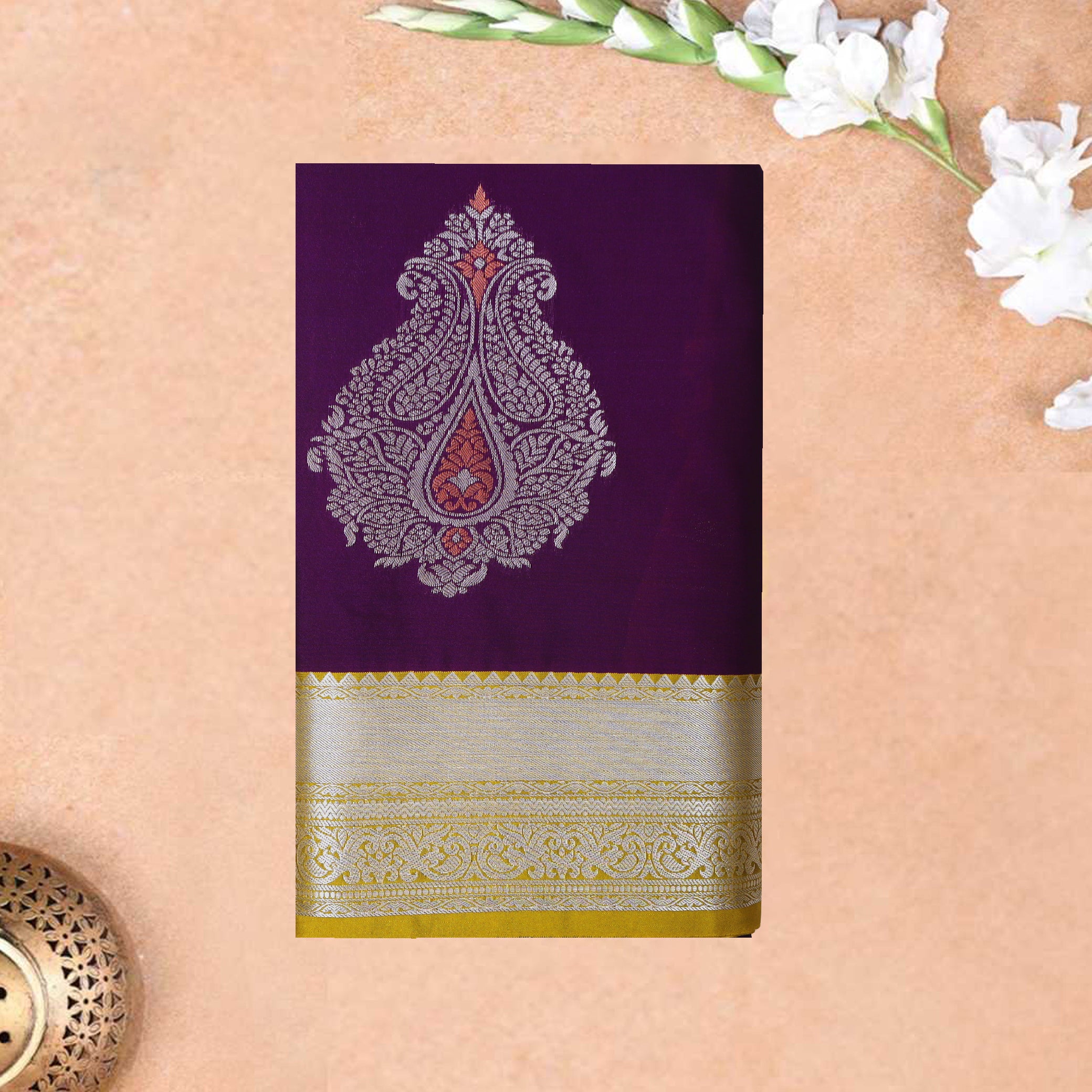 Dark Purple With Greenish Yellow Soft Silk Saree