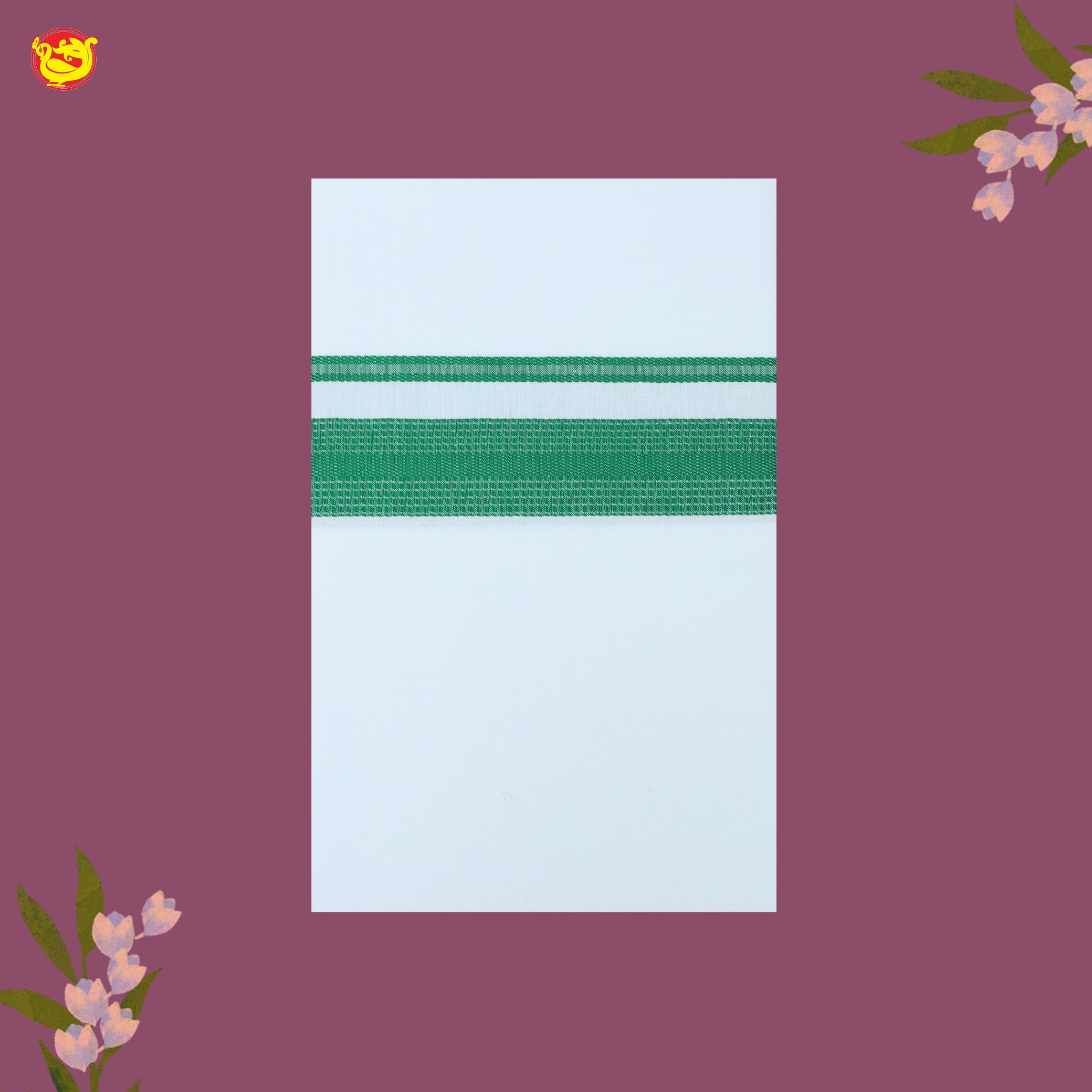 White with Cool Green Fancy Border Single Layer Cotton Men’s Dhoti