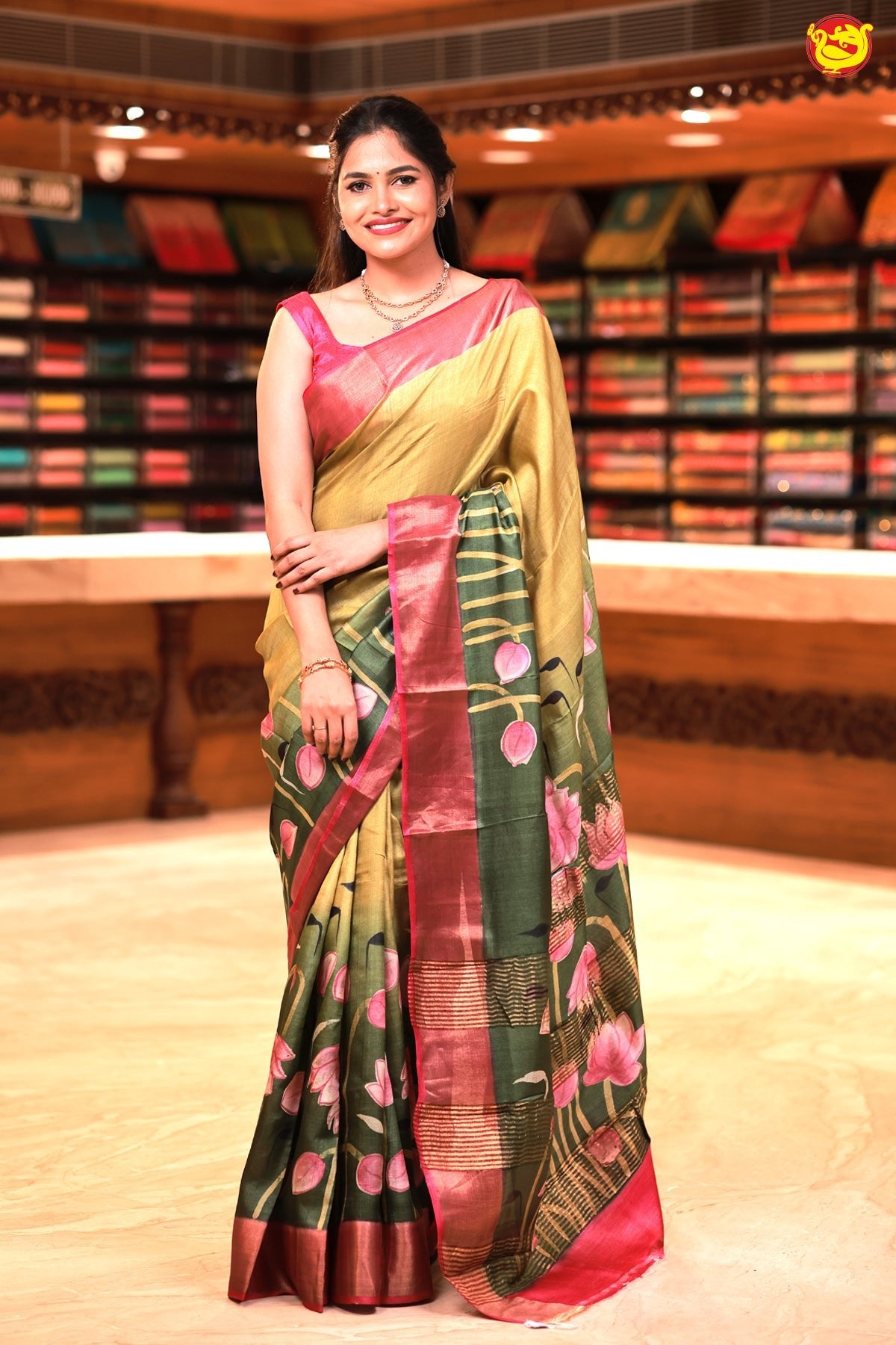 Pure Tussar Silk Saree Elaichi Green and Pastel Pink Shade With Floral Design and Painted Prints and Zari Woven Border