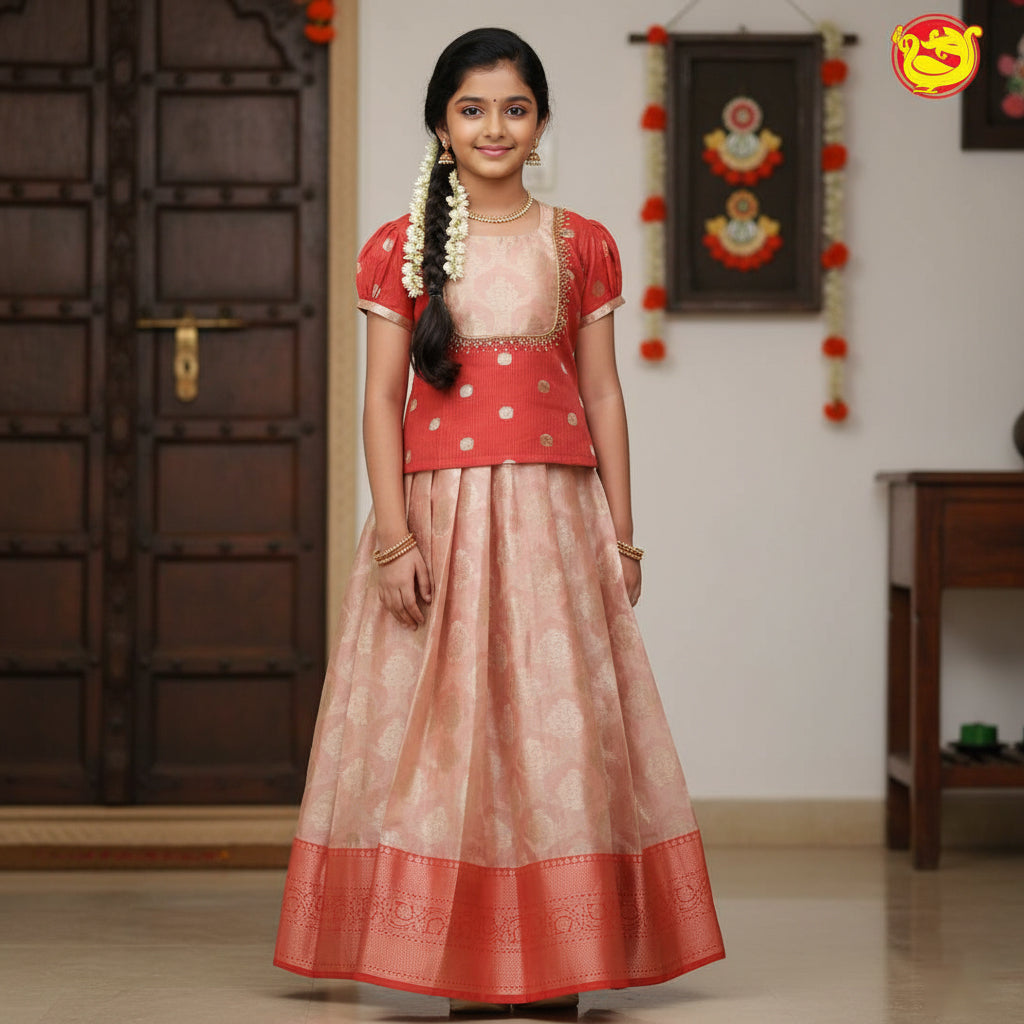 Red with Peach Girls Branded Readymade Pattu Pavadai
