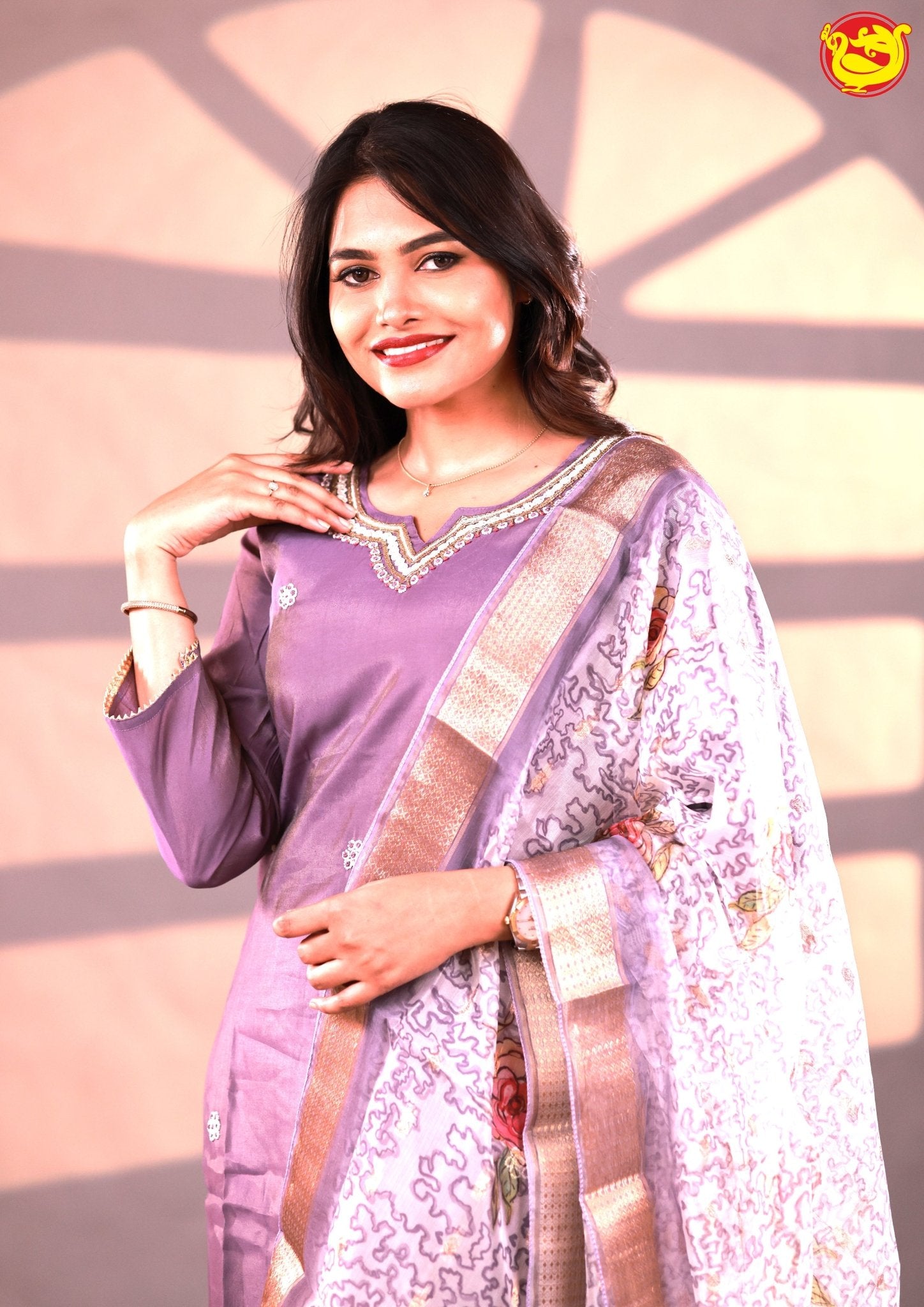 Purple with Floral Buttas Stones and Beads work Ladies Branded Readymade Tissue Straight Cut Chudi Set - Thenianantham