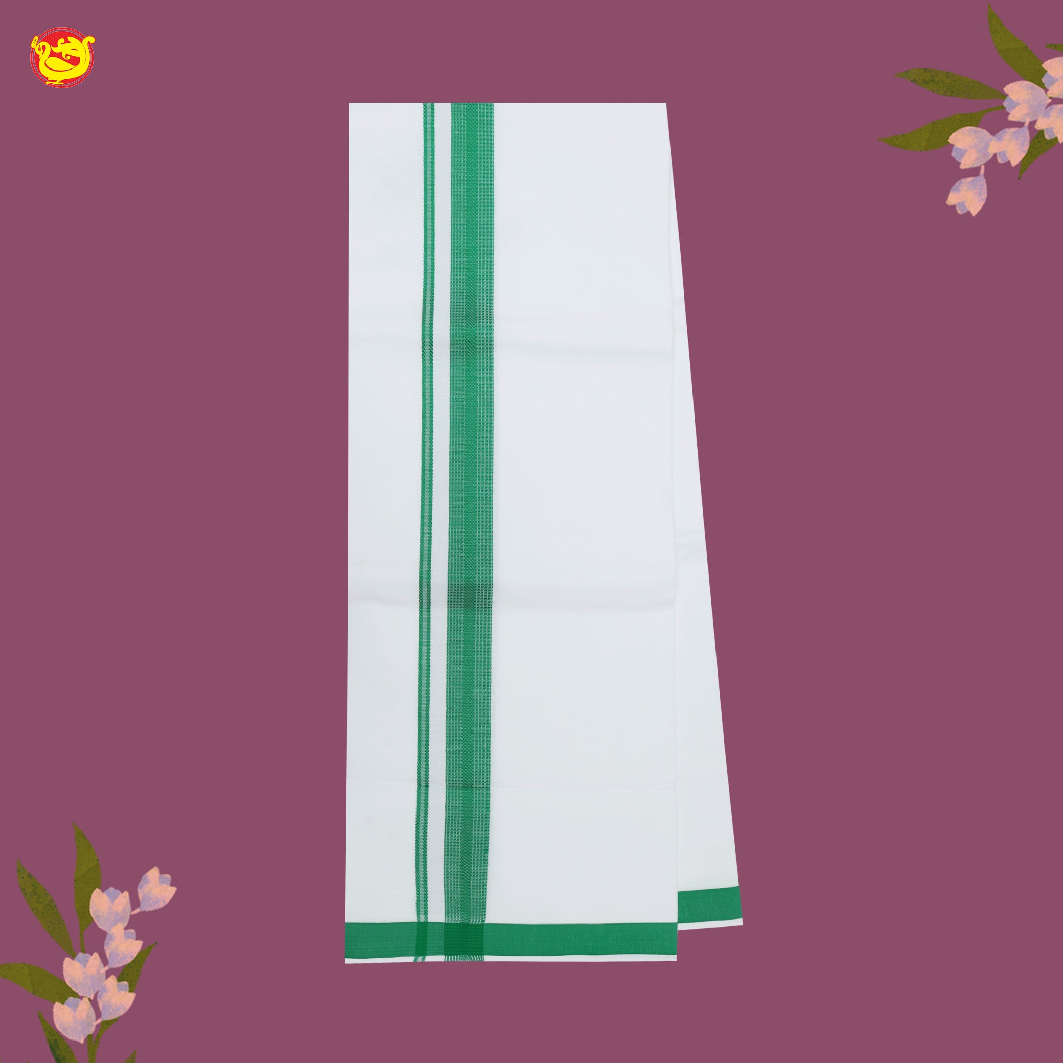 White with Cool Green Fancy Border Single Layer Cotton Men’s Dhoti
